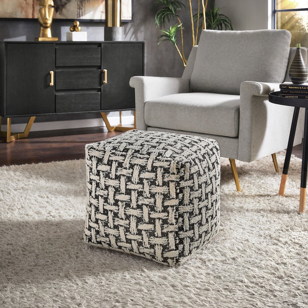 Cube Pouf With White & Black Weaved Pattern Fabric. Picture 2