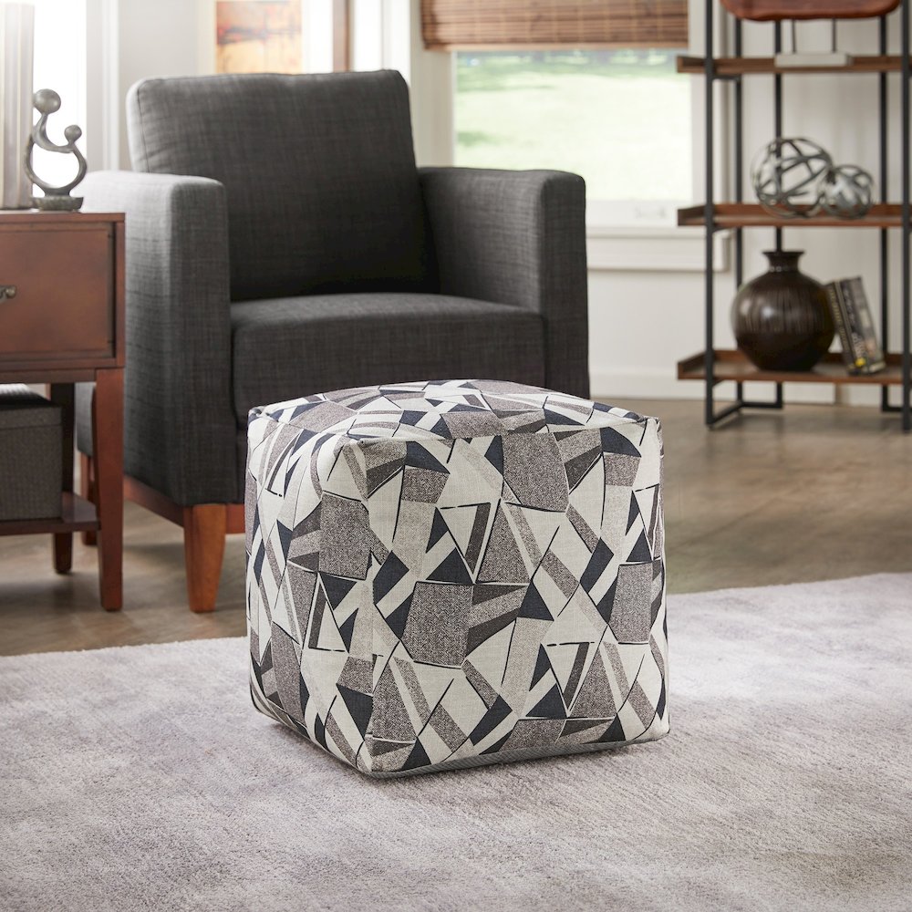Cube Pouf With Blue & Grey Tone Geometric Pattern Fabric. Picture 1