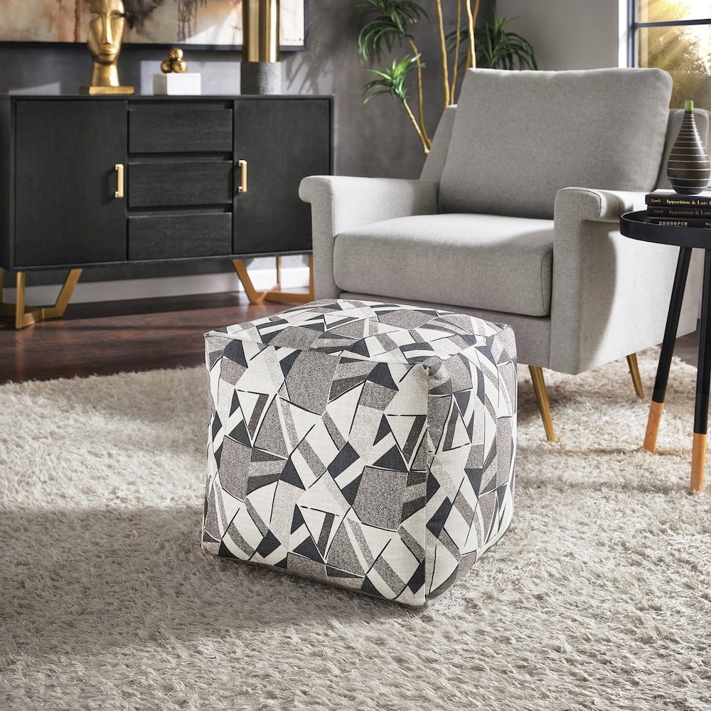 Cube Pouf With Blue & Grey Tone Geometric Pattern Fabric. Picture 2