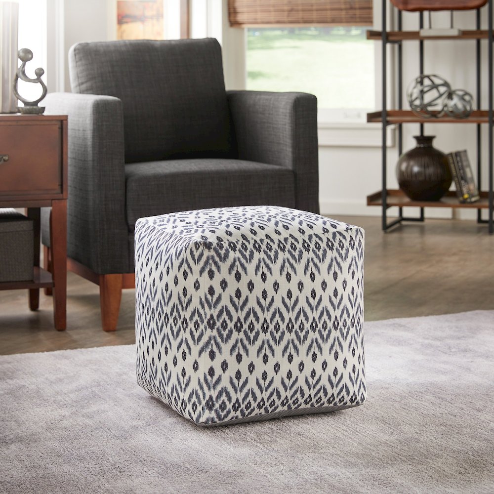 Cube Pouf With Ivory & Blue Abstract Diamond Pattern Fabric. Picture 1