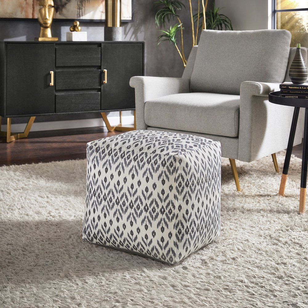 Cube Pouf With Ivory & Blue Abstract Diamond Pattern Fabric. Picture 2