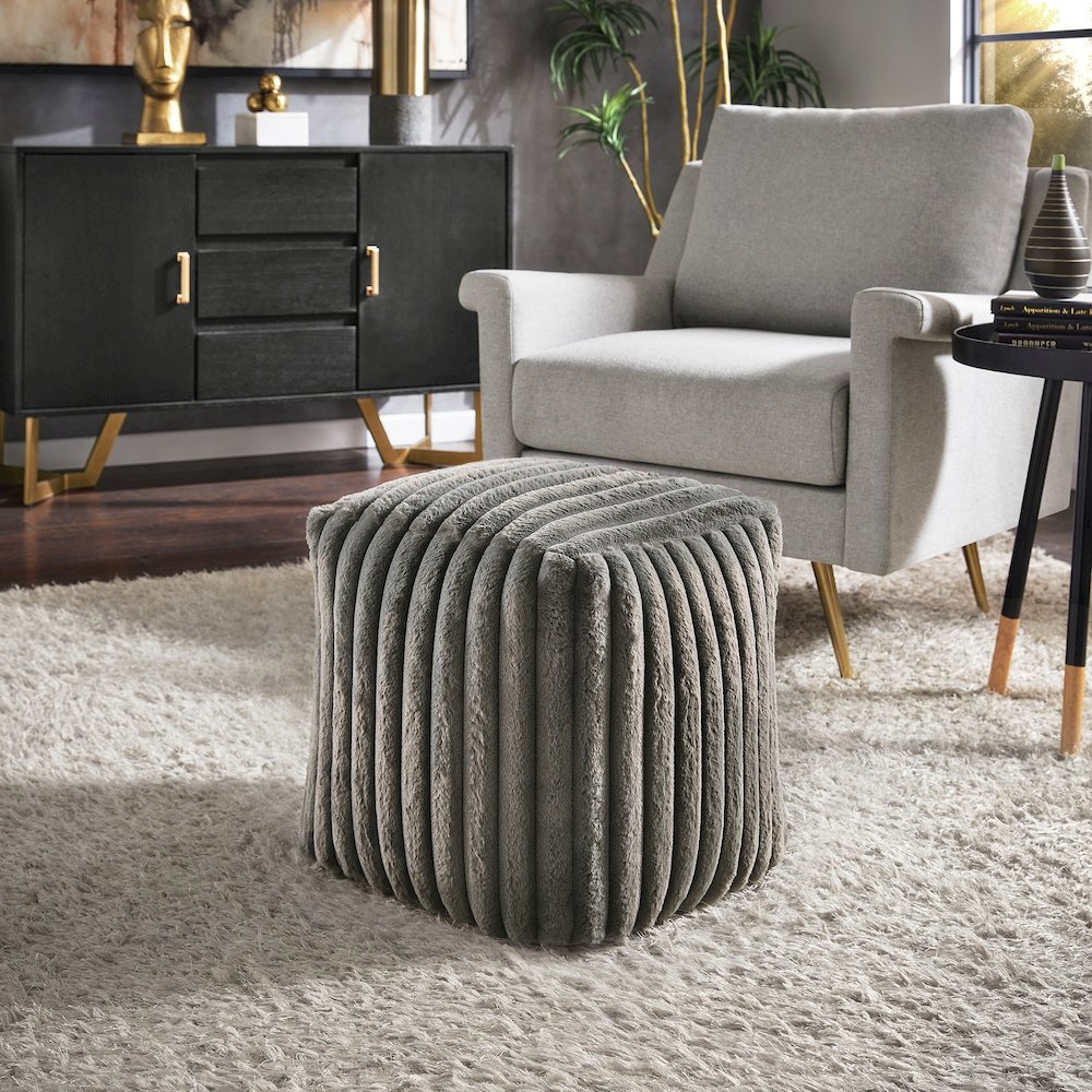 Cube Pouf With Dark Grey Channel Furry Fabric. Picture 2