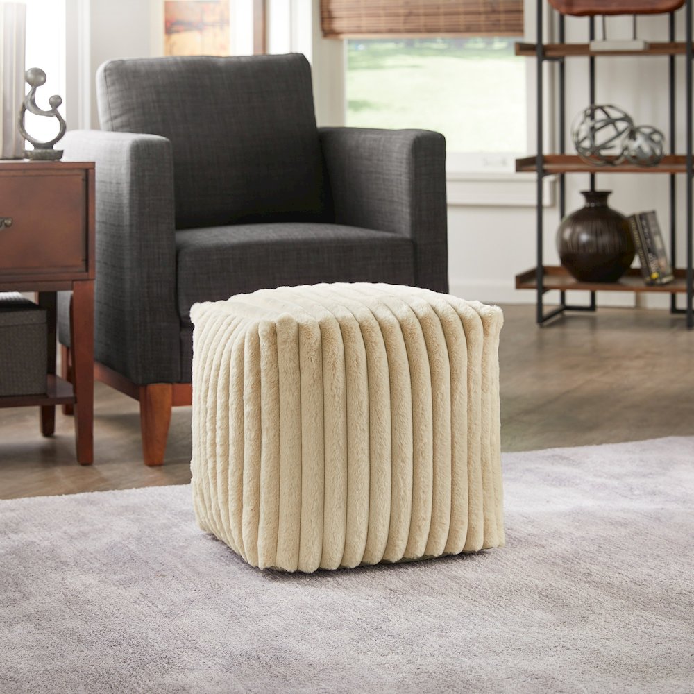 Cube Pouf With Taupe Channel Furry Fabric. Picture 1