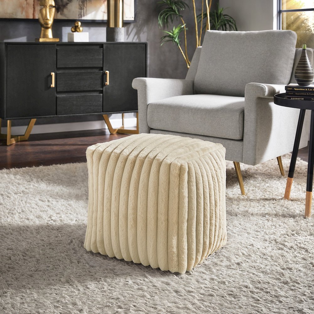 Cube Pouf With Taupe Channel Furry Fabric. Picture 2