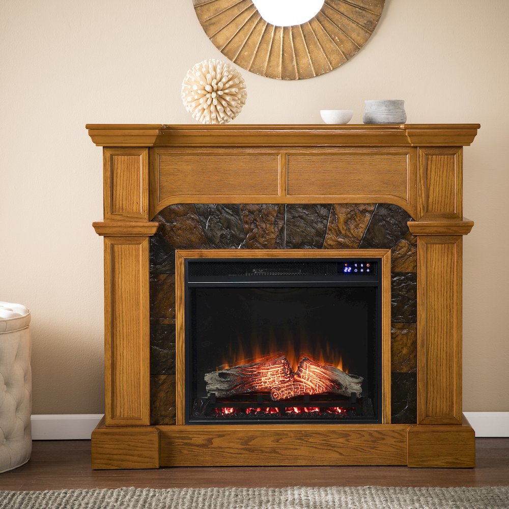 Corner Convertible Electric Fireplace with Touch Screen in Brown Color. Picture 3
