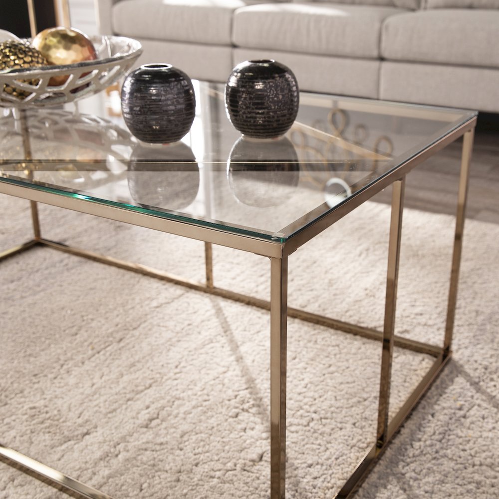Nicholance Contemporary Glass-Top Cocktail Table in Gold Color. Picture 4