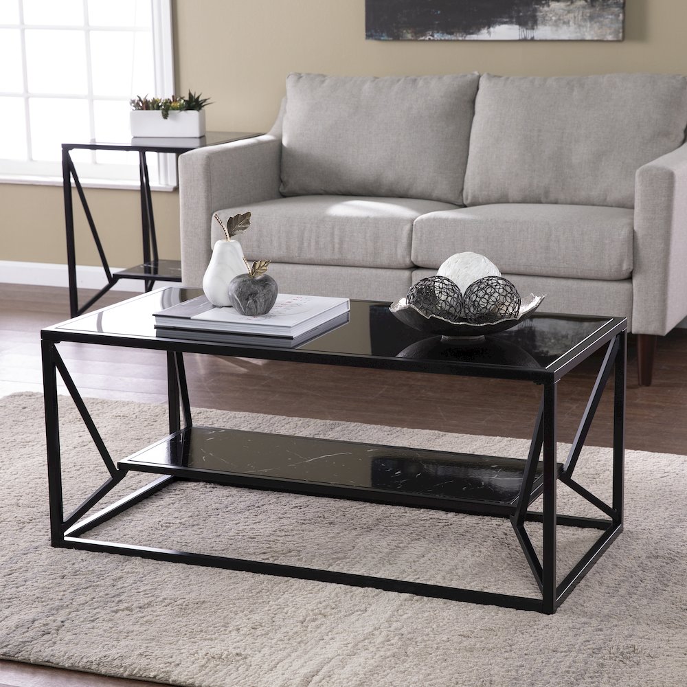 Argall Glass-Top Cocktail Table Storage in Black Color. Picture 3