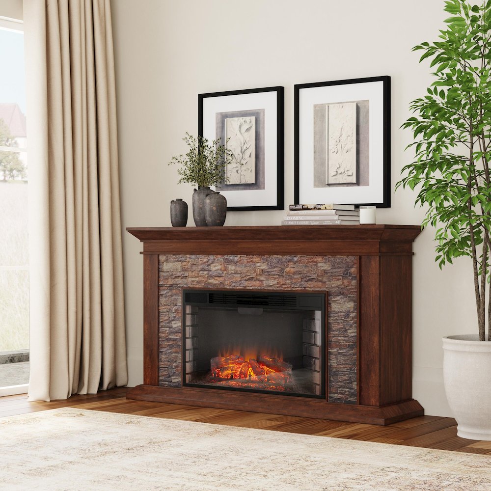 Canyon Heights Faux Stone Electric Fireplace in Brown Color. Picture 3