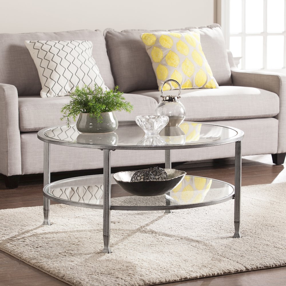 Jaymes Metal/Glass Round Cocktail Table - Silver. Picture 2