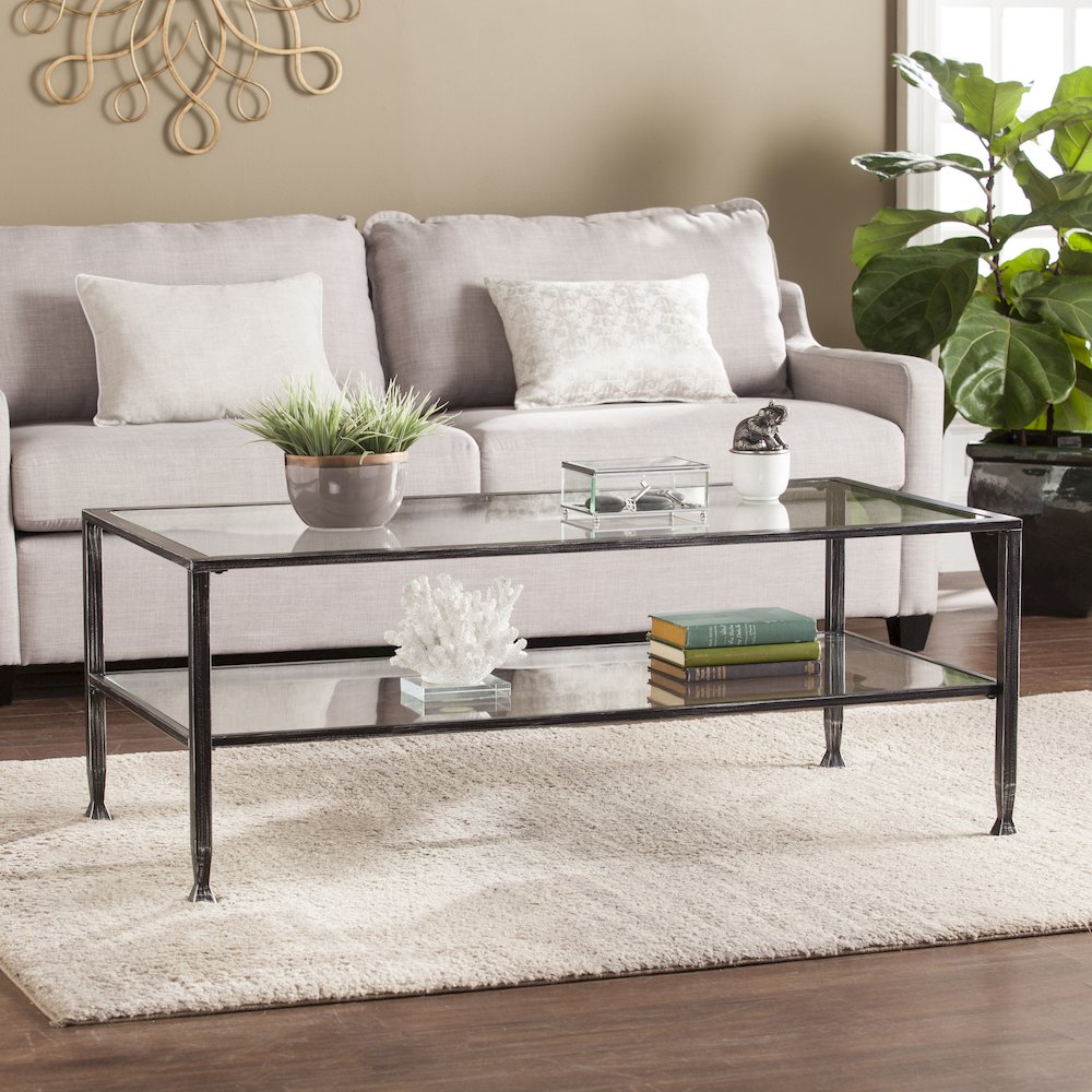 Jaymes Metal/Glass Rectangular Open Shelf Cocktail Table. Picture 2