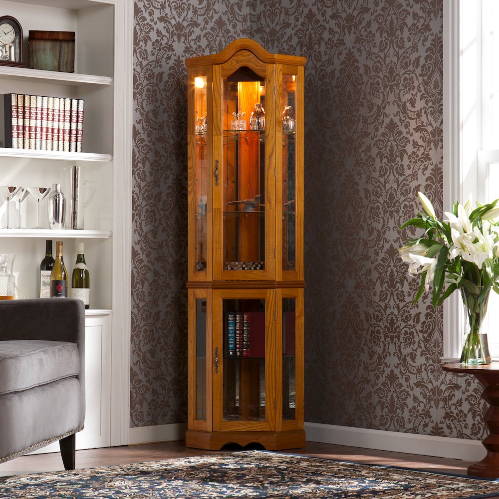 Canterdale Lighted Corner Curio Cabinet - Golden. Picture 2