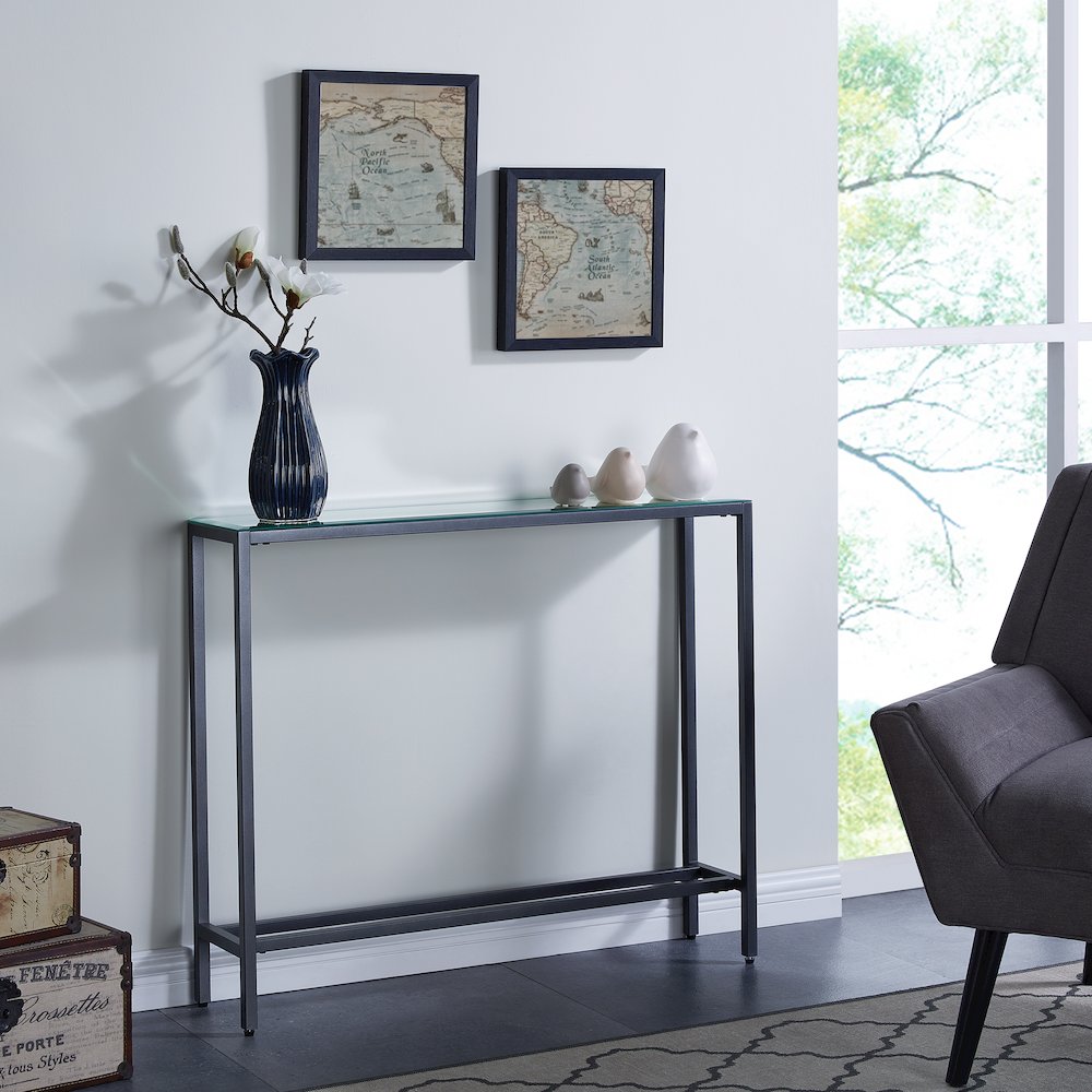 Darrin Narrow Mini Console Table with Mirrored Top – Gunmetal Gray. Picture 2