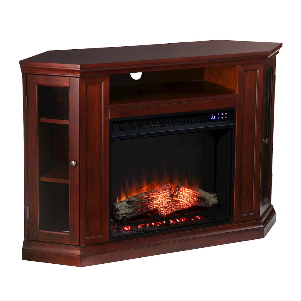 Claremont Electric Corner Touch Screen Fireplace Storage in Brown Color. Picture 1