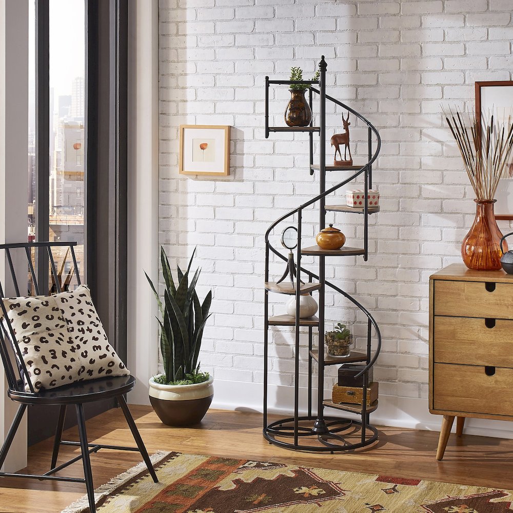 Black Finish Metal Spiral Staircase Display Shelf. Picture 1