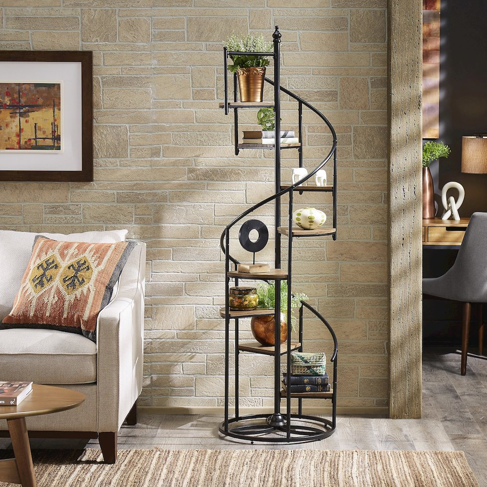 Black Finish Metal Spiral Staircase Display Shelf. Picture 2