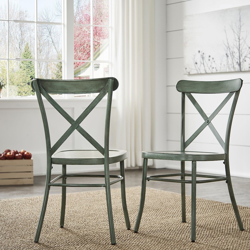 Set of 2, Antique Sage Finish Metal Dining Chair. Picture 2