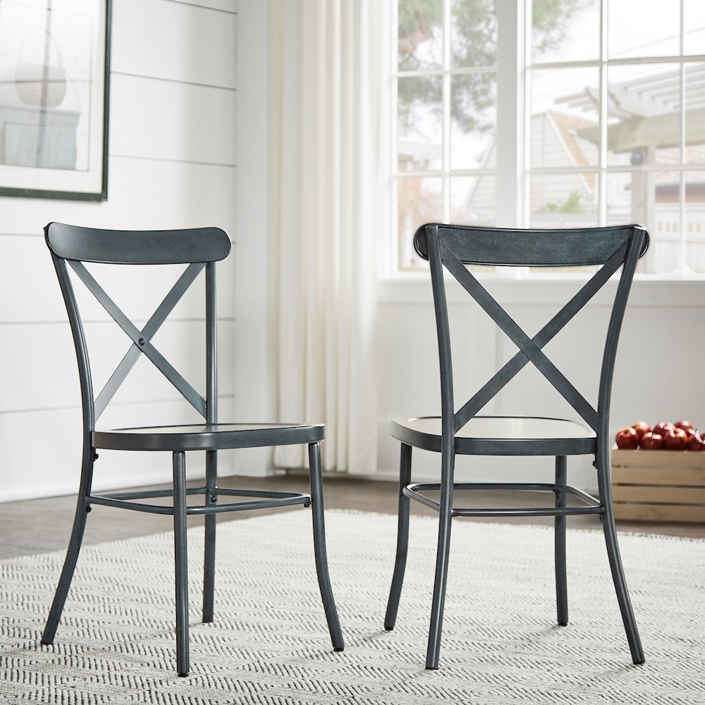 Set of 2, Antique Denim Finish Metal Dining Chair. Picture 1