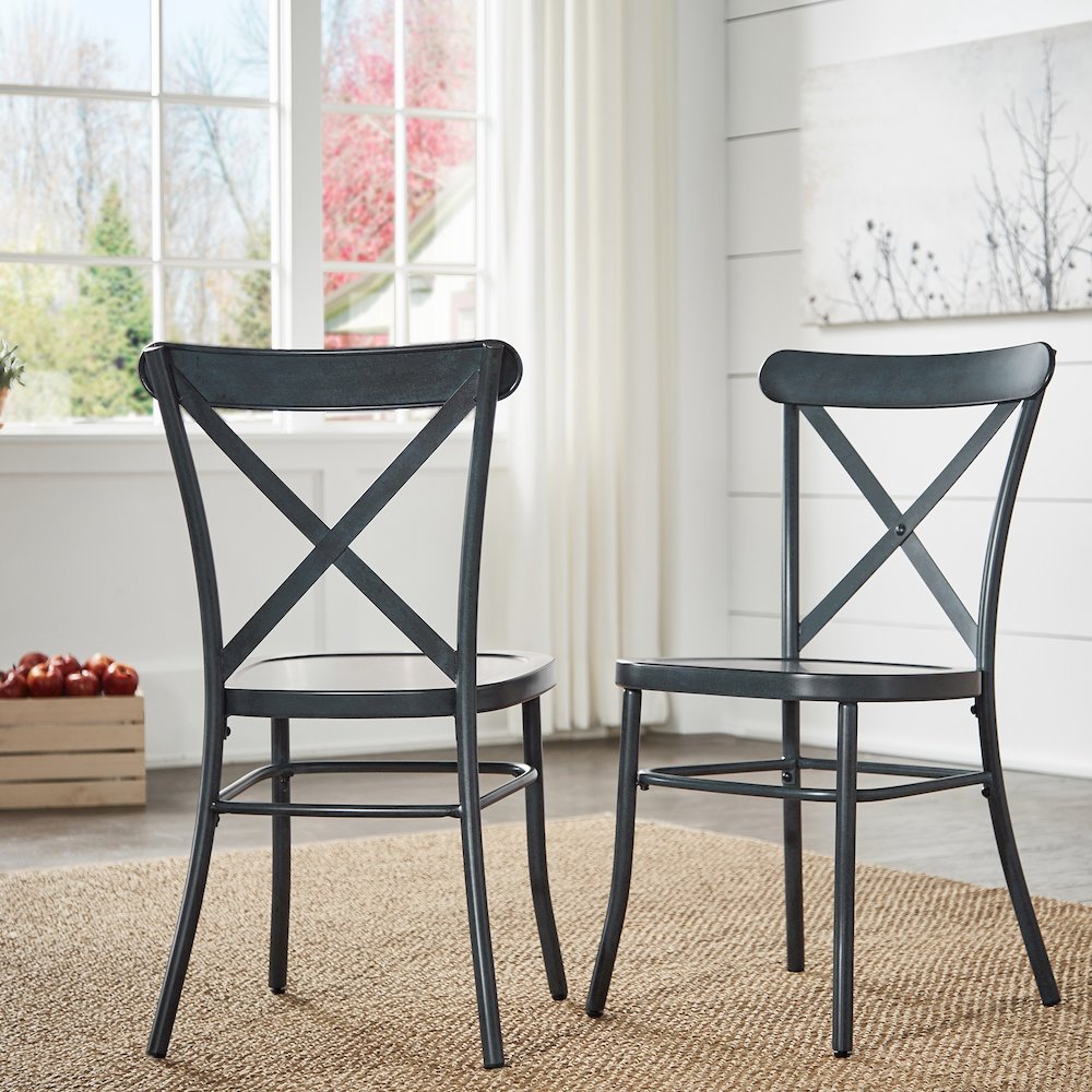 Set of 2, Antique Denim Finish Metal Dining Chair. Picture 2
