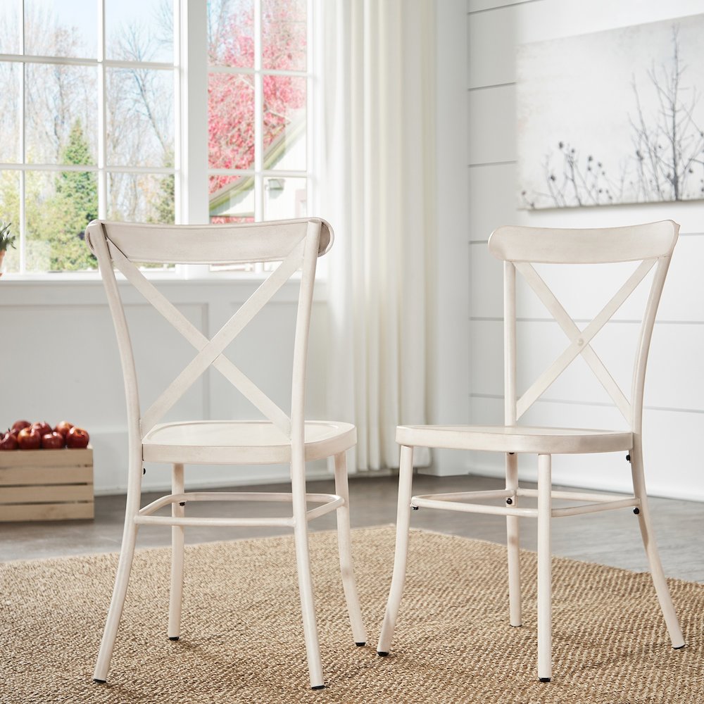 Set of 2, Antique White Finish Metal Dining Chair. Picture 2