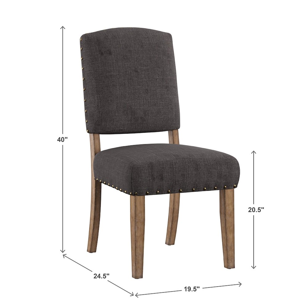 Set of 2, Light Distressed Natural Finish Dark Grey Linen Nailhead Chair. Picture 5