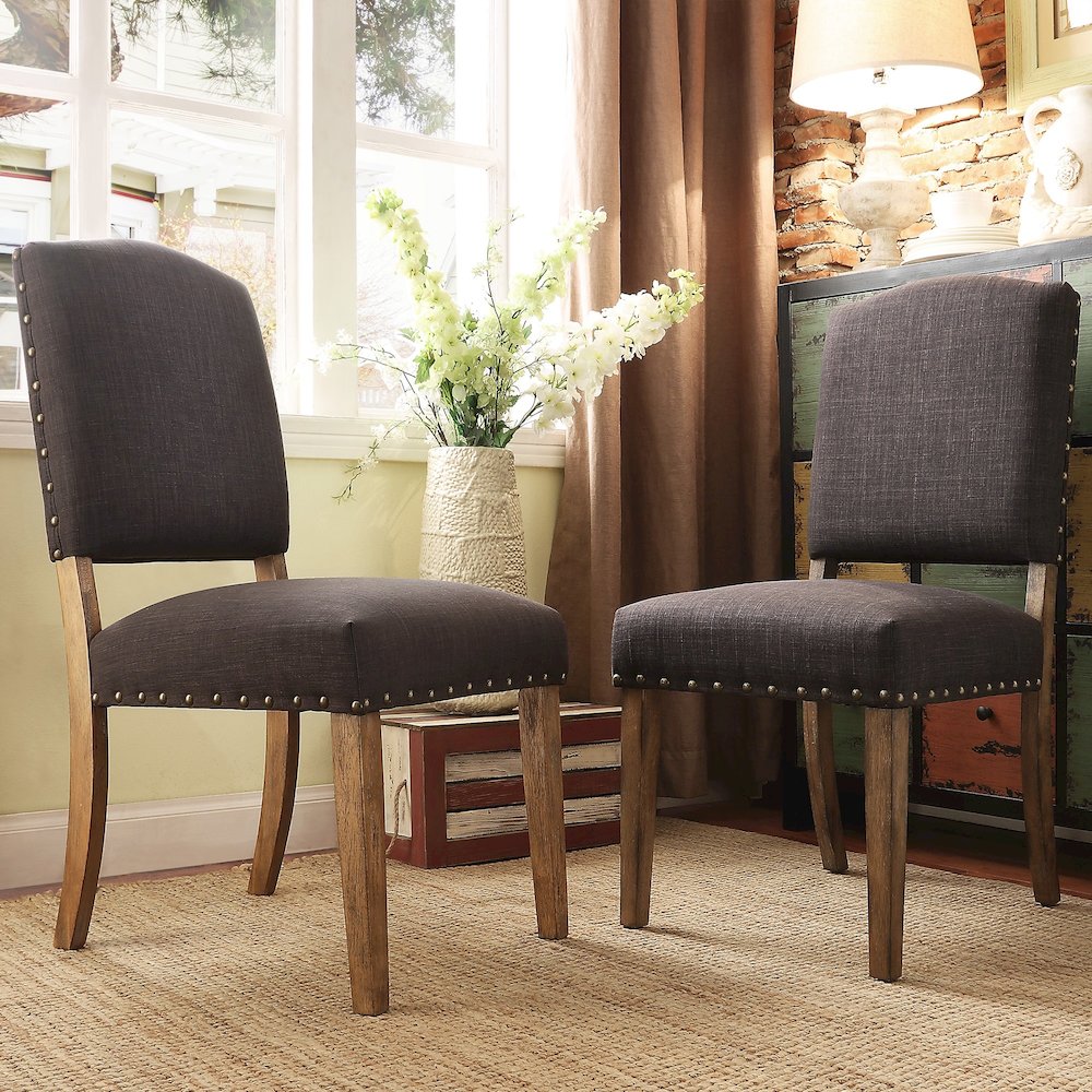 Set of 2, Light Distressed Natural Finish Dark Grey Linen Nailhead Chair. Picture 2