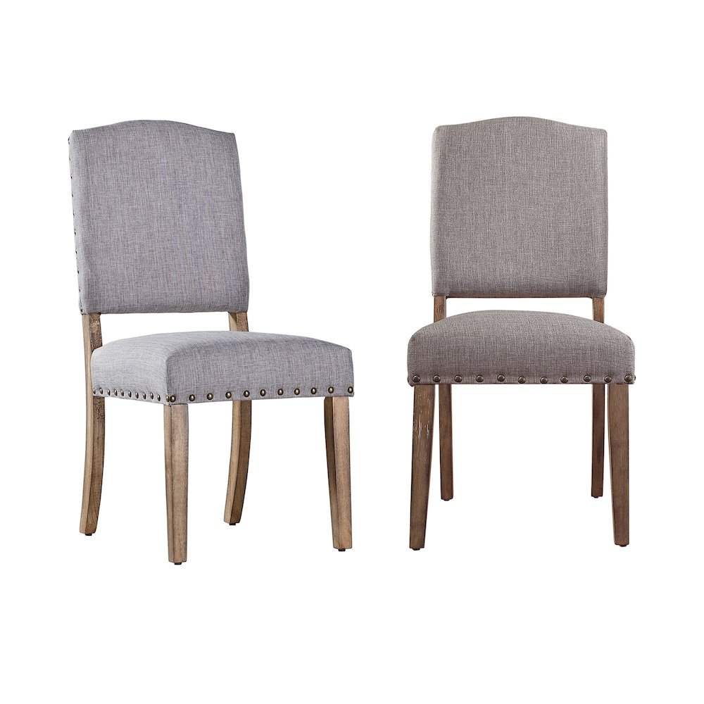 Set of 2, Light Distressed Natural Finish Grey Linen Nailhead Chair. Picture 4