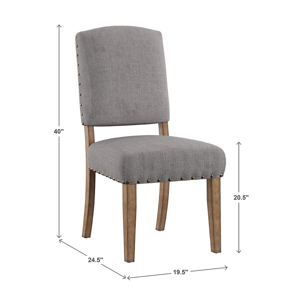 Set of 2, Light Distressed Natural Finish Grey Linen Nailhead Chair. Picture 5