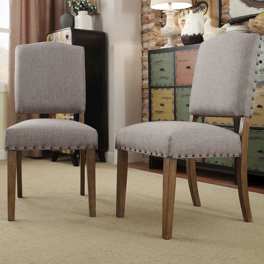 Set of 2, Light Distressed Natural Finish Grey Linen Nailhead Chair. Picture 1
