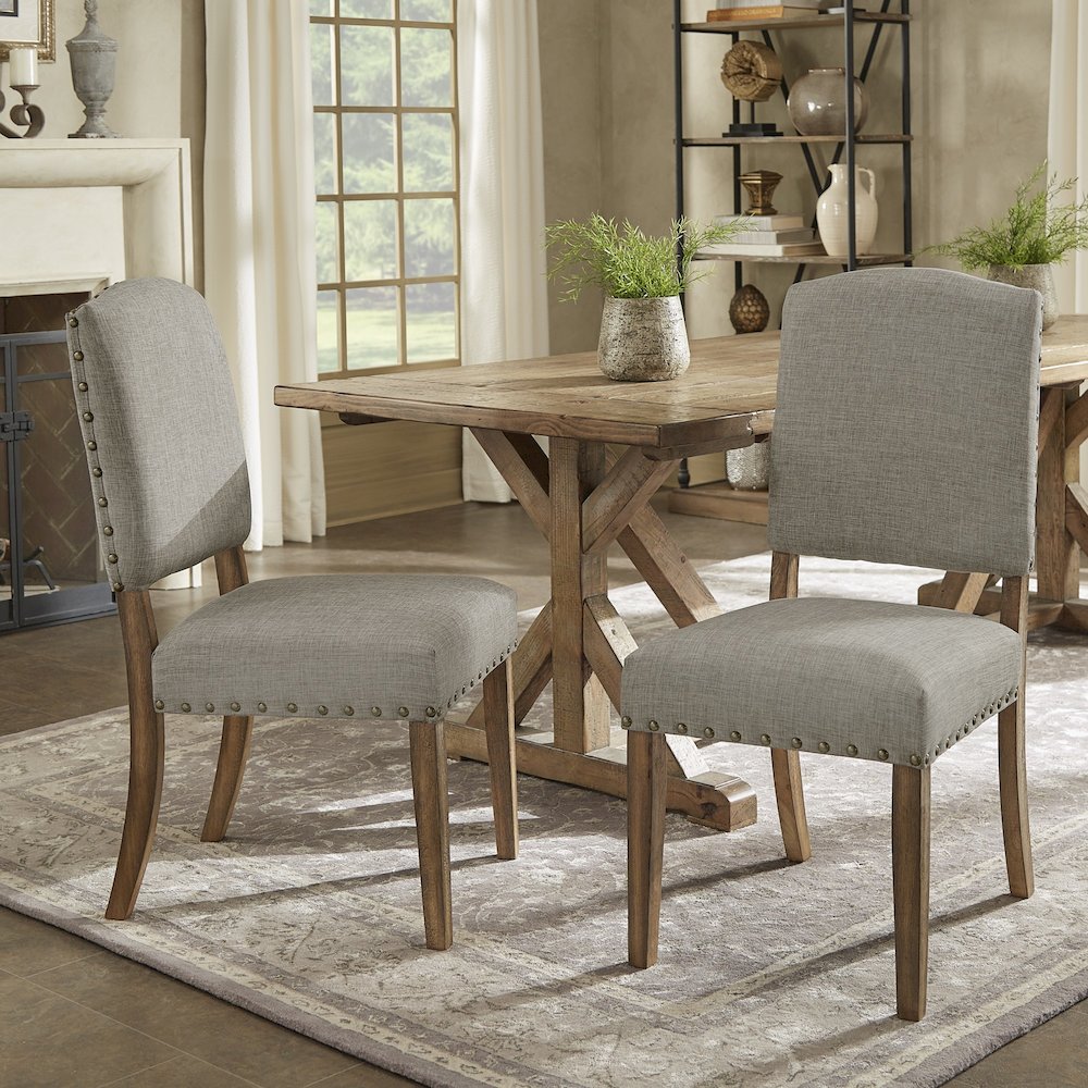 Set of 2, Light Distressed Natural Finish Grey Linen Nailhead Chair. Picture 2