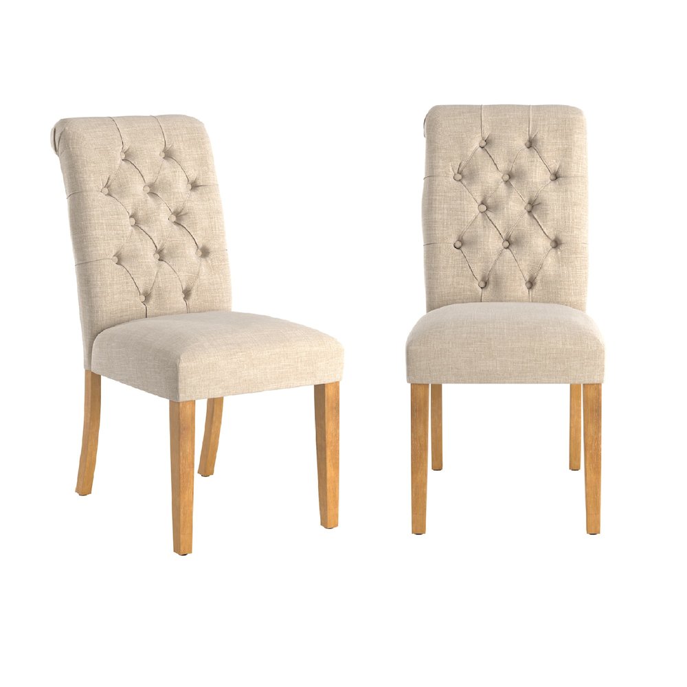 Set of 2, Light Distressed Natural Finish Beige Linen Rolled Top Tufted Chair. Picture 4