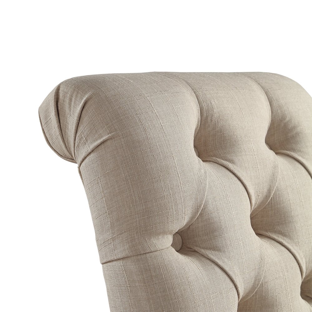 Set of 2, Light Distressed Natural Finish Beige Linen Rolled Top Tufted Chair. Picture 3