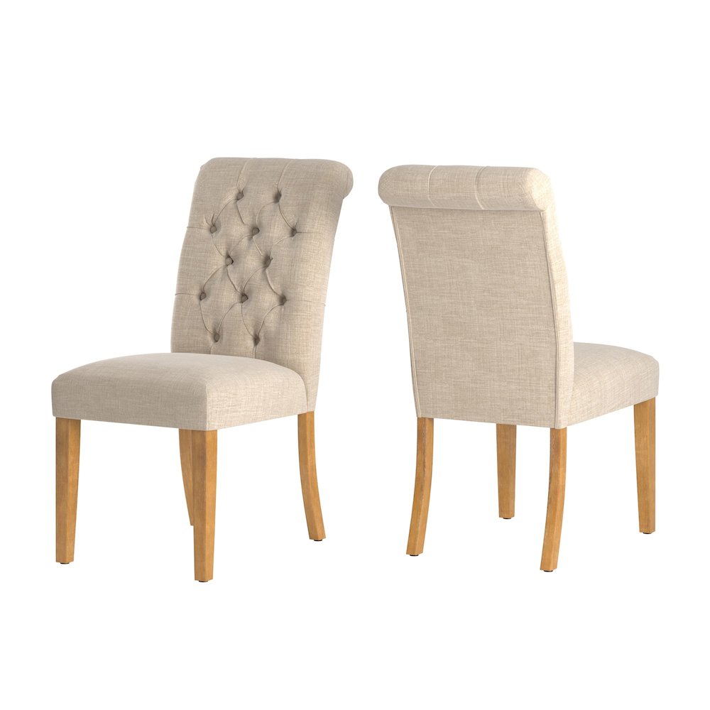 Set of 2, Light Distressed Natural Finish Beige Linen Rolled Top Tufted Chair. Picture 8