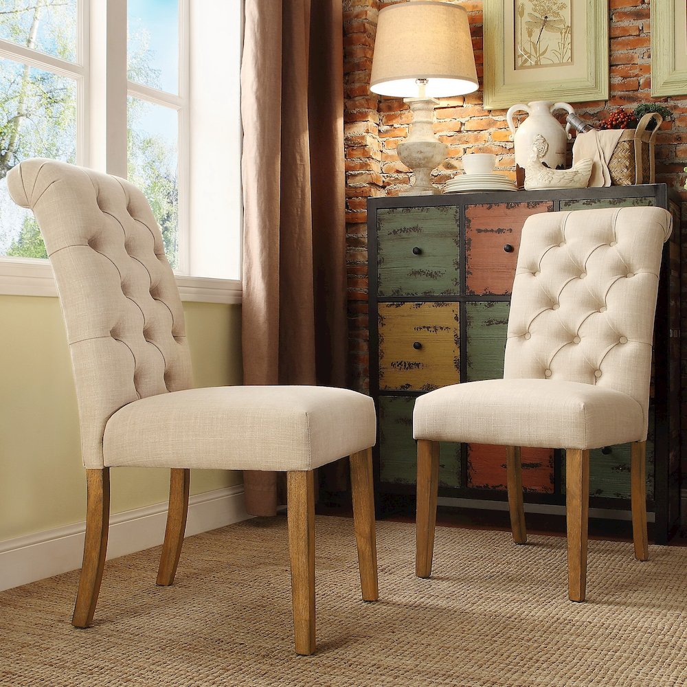 Set of 2, Light Distressed Natural Finish Beige Linen Rolled Top Tufted Chair. Picture 1