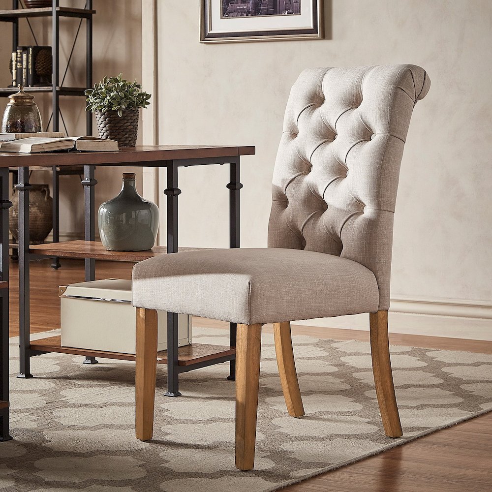 Set of 2, Light Distressed Natural Finish Beige Linen Rolled Top Tufted Chair. Picture 2