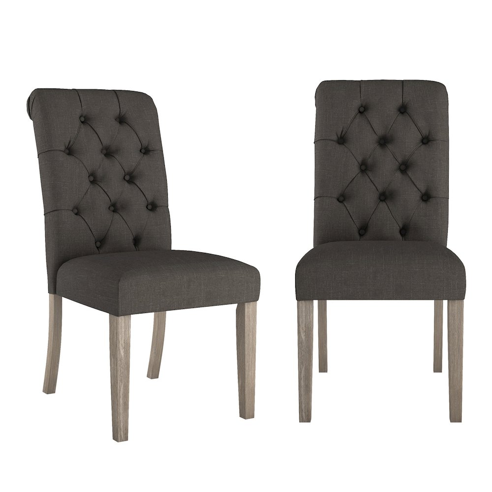 Set of 2, Antique Grey Oak Finish Dark Grey Linen Rolled Top Tufted Chair. Picture 4