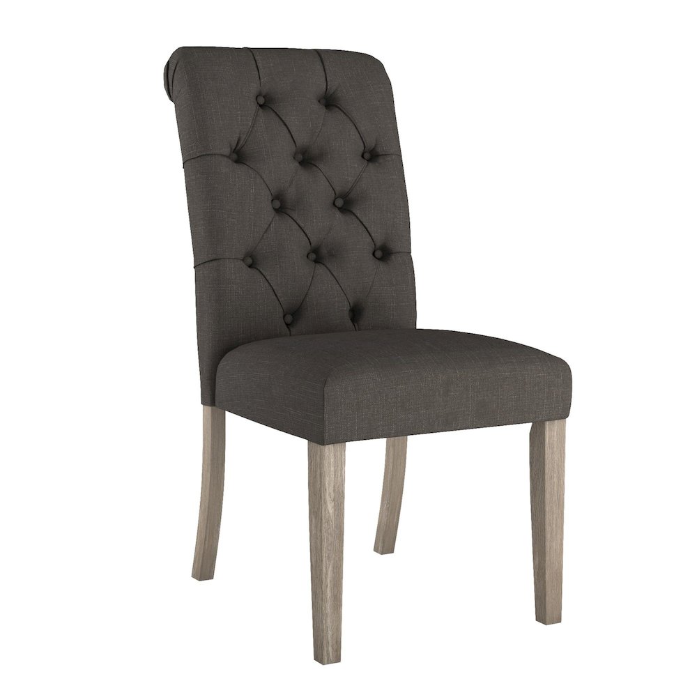 Set of 2, Antique Grey Oak Finish Dark Grey Linen Rolled Top Tufted Chair. Picture 6