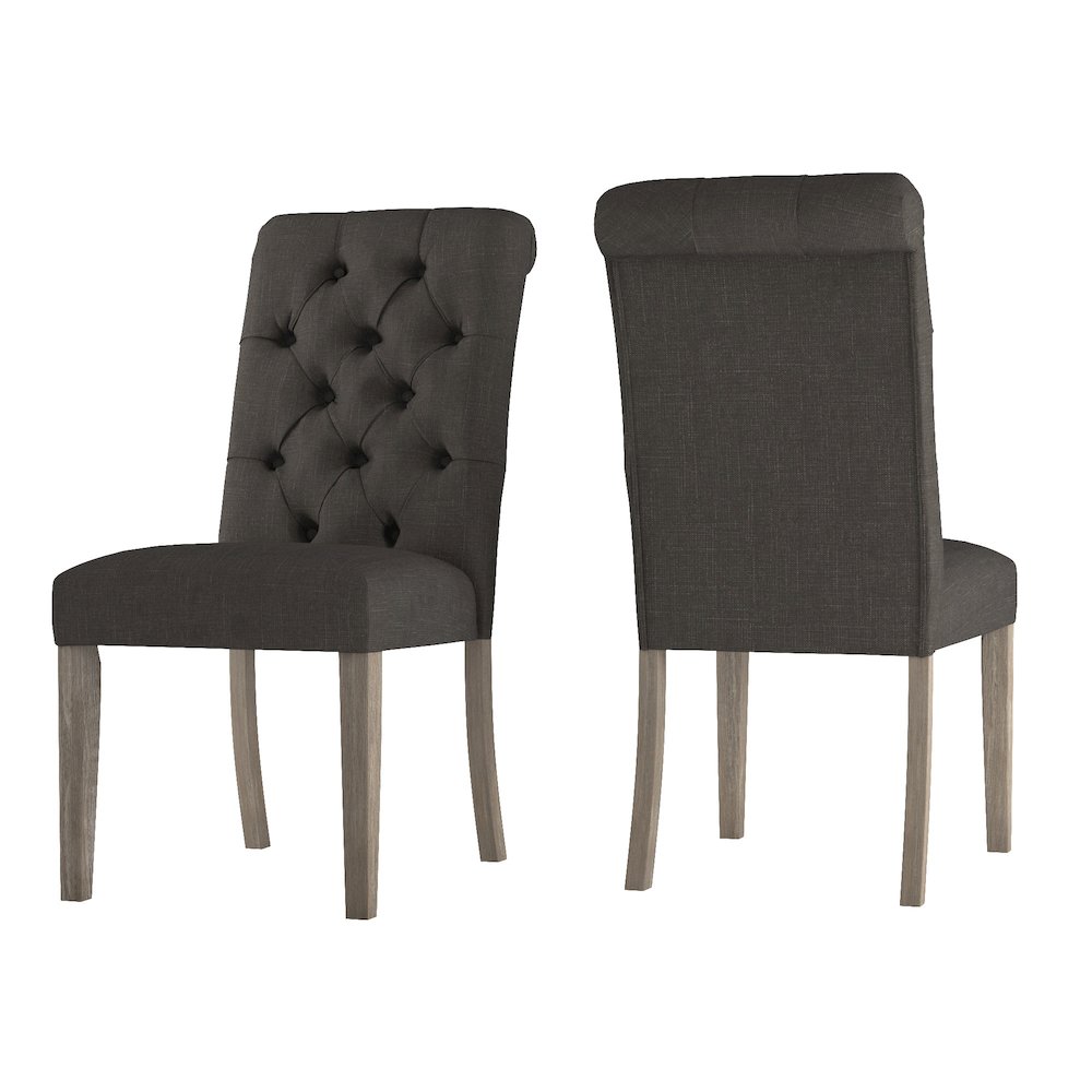 Set of 2, Antique Grey Oak Finish Dark Grey Linen Rolled Top Tufted Chair. Picture 8