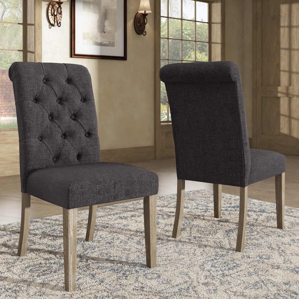 Set of 2, Antique Grey Oak Finish Dark Grey Linen Rolled Top Tufted Chair. Picture 1