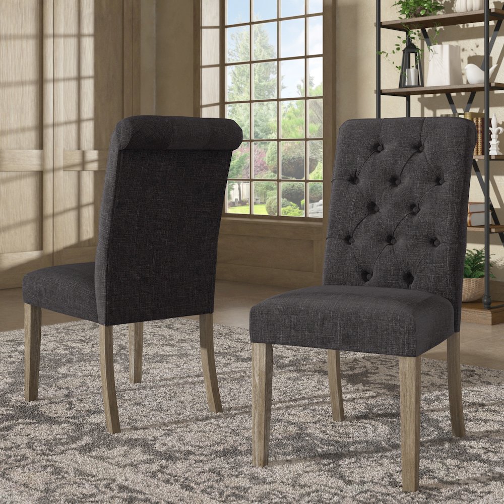 Set of 2, Antique Grey Oak Finish Dark Grey Linen Rolled Top Tufted Chair. Picture 2