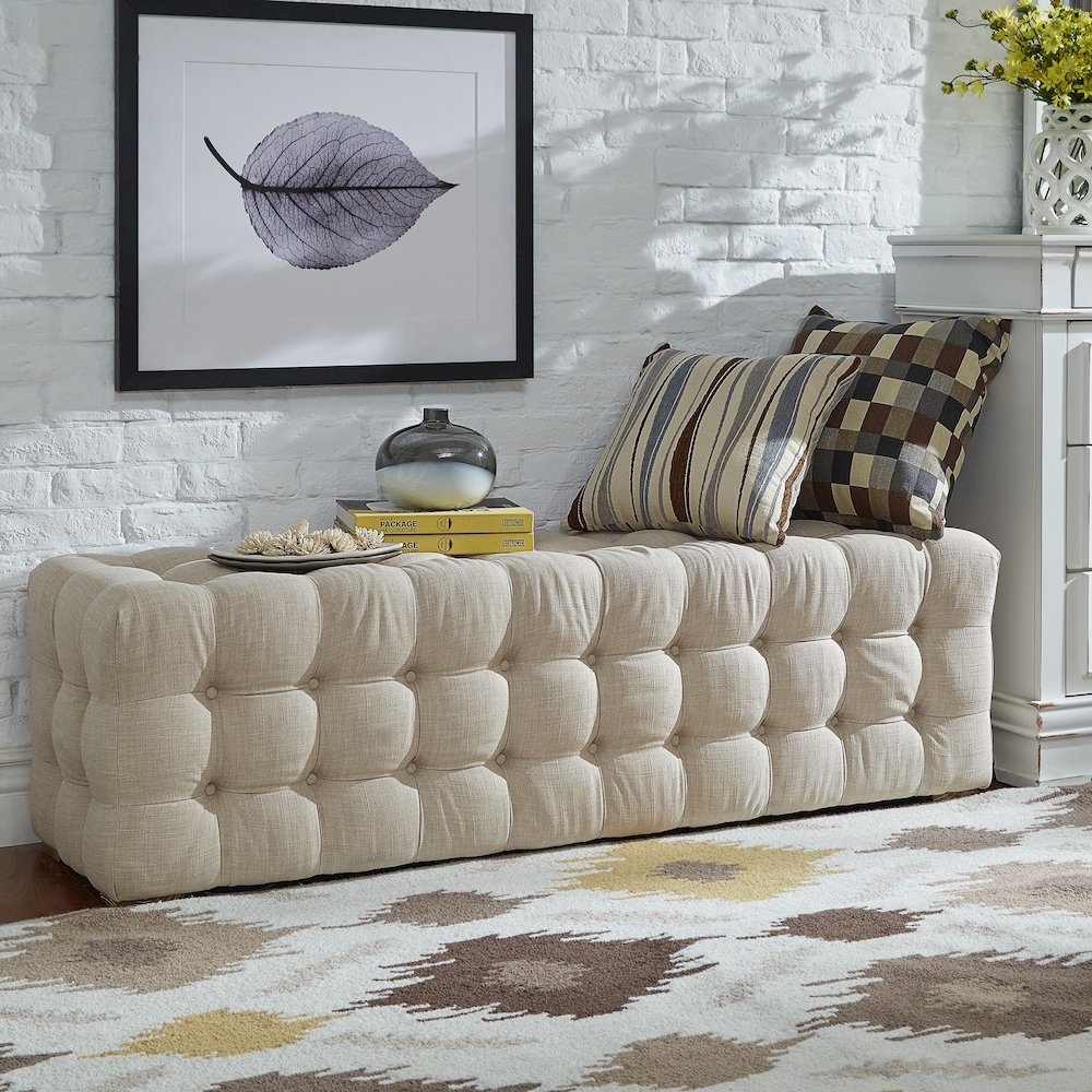 Beige Linen 58" L Tufted Bench. Picture 1