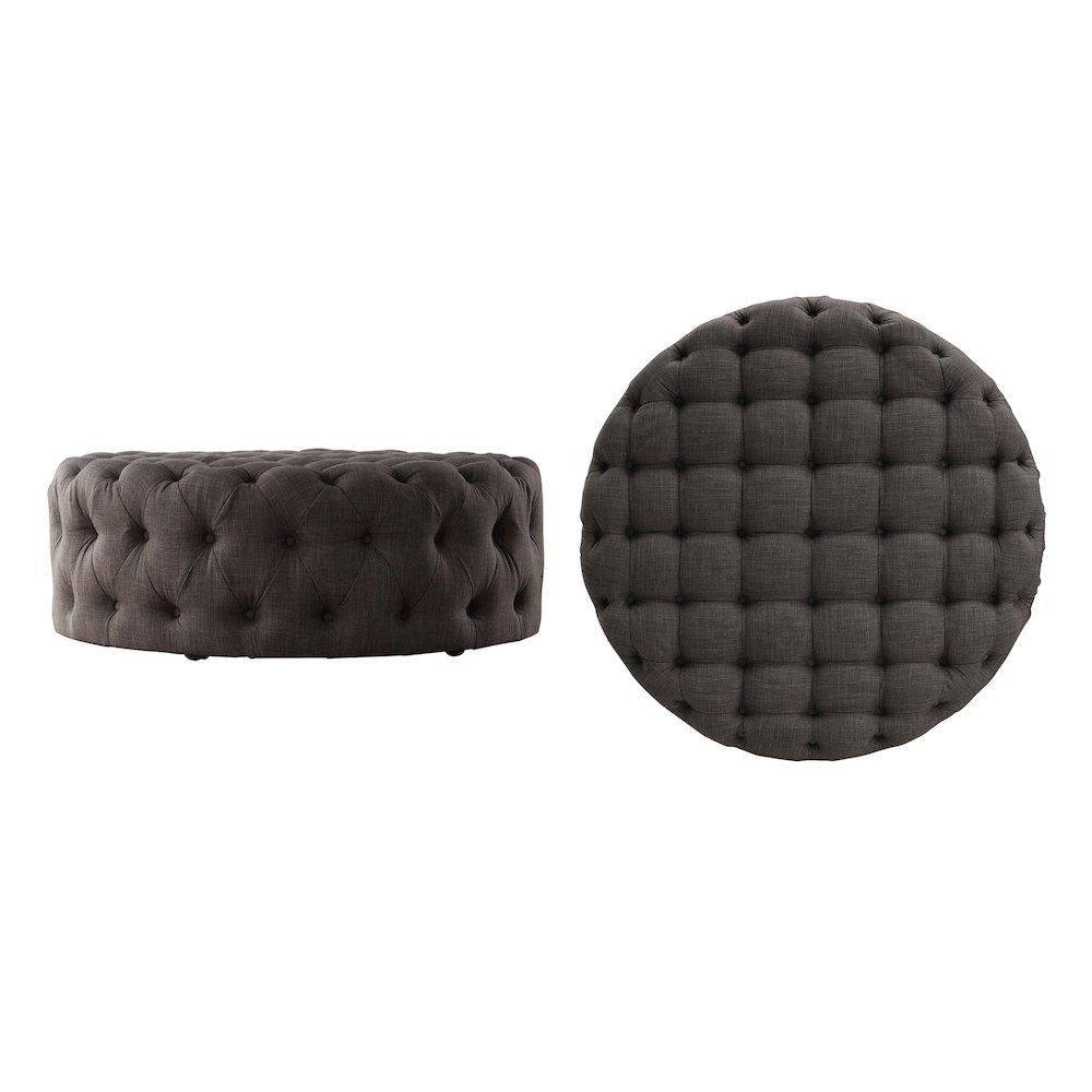Dark Grey Linen Round Tufted Ottoman. Picture 3