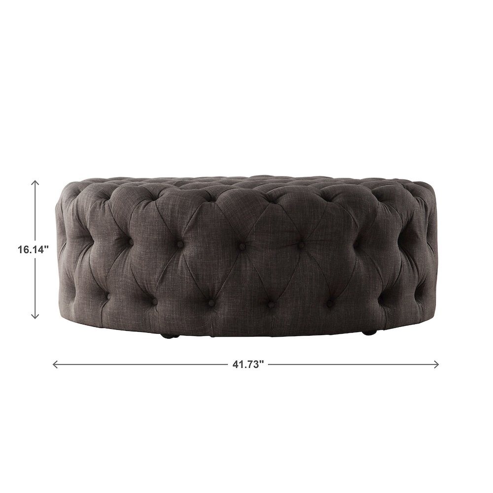 Dark Grey Linen Round Tufted Ottoman. Picture 4