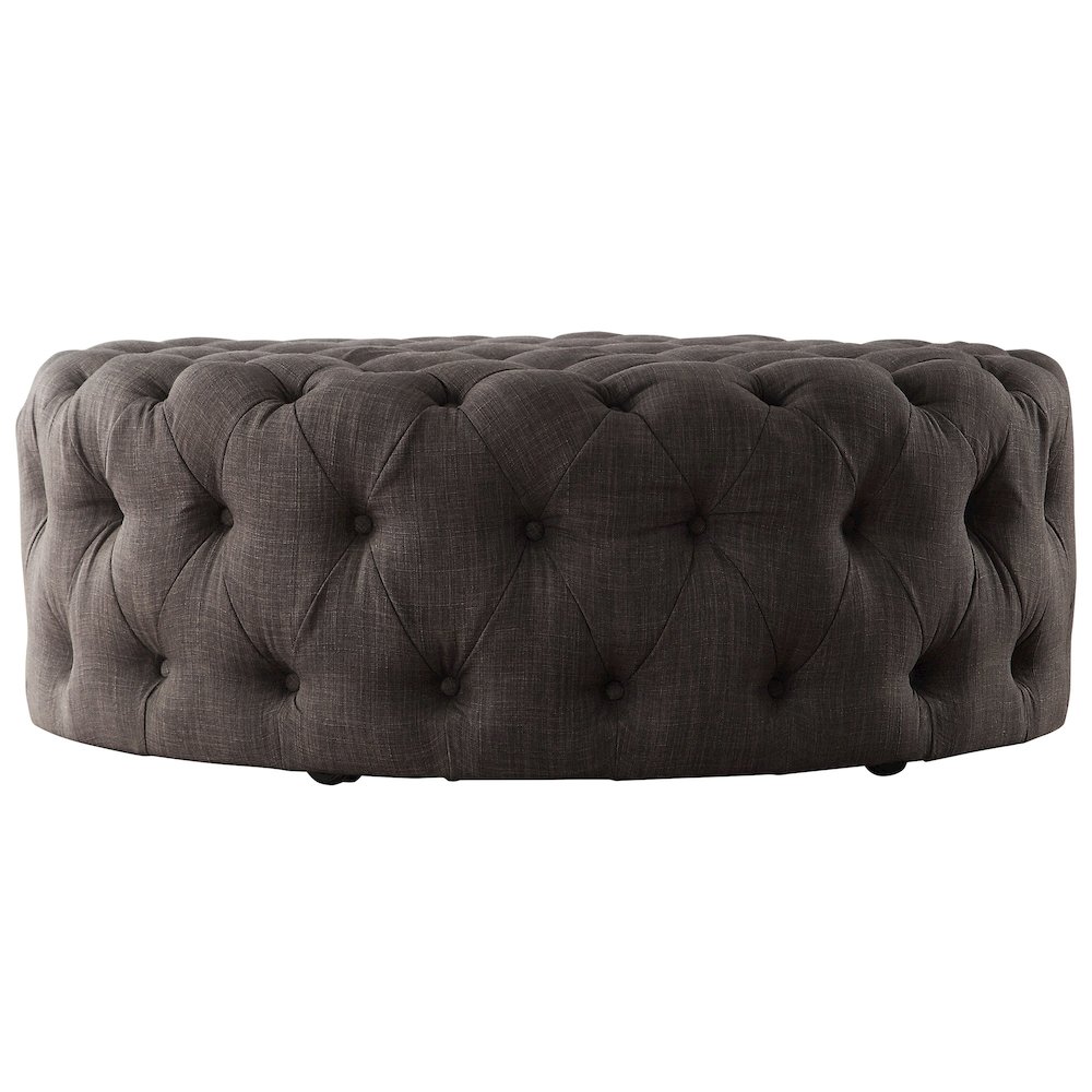 Dark Grey Linen Round Tufted Ottoman. Picture 5