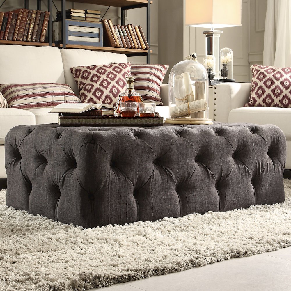 Dark Grey Linen Rectangular Tufted Ottoman. Picture 1