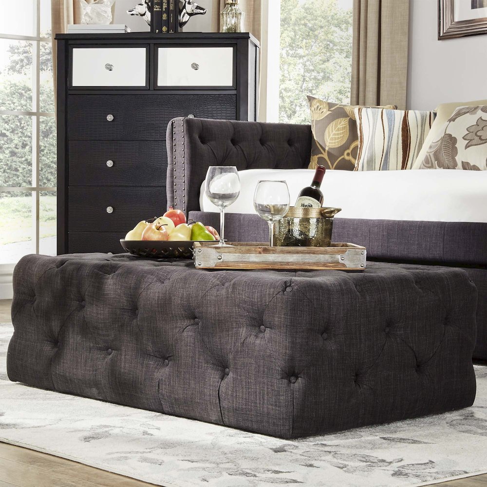 Dark Grey Linen Rectangular Tufted Ottoman. Picture 2