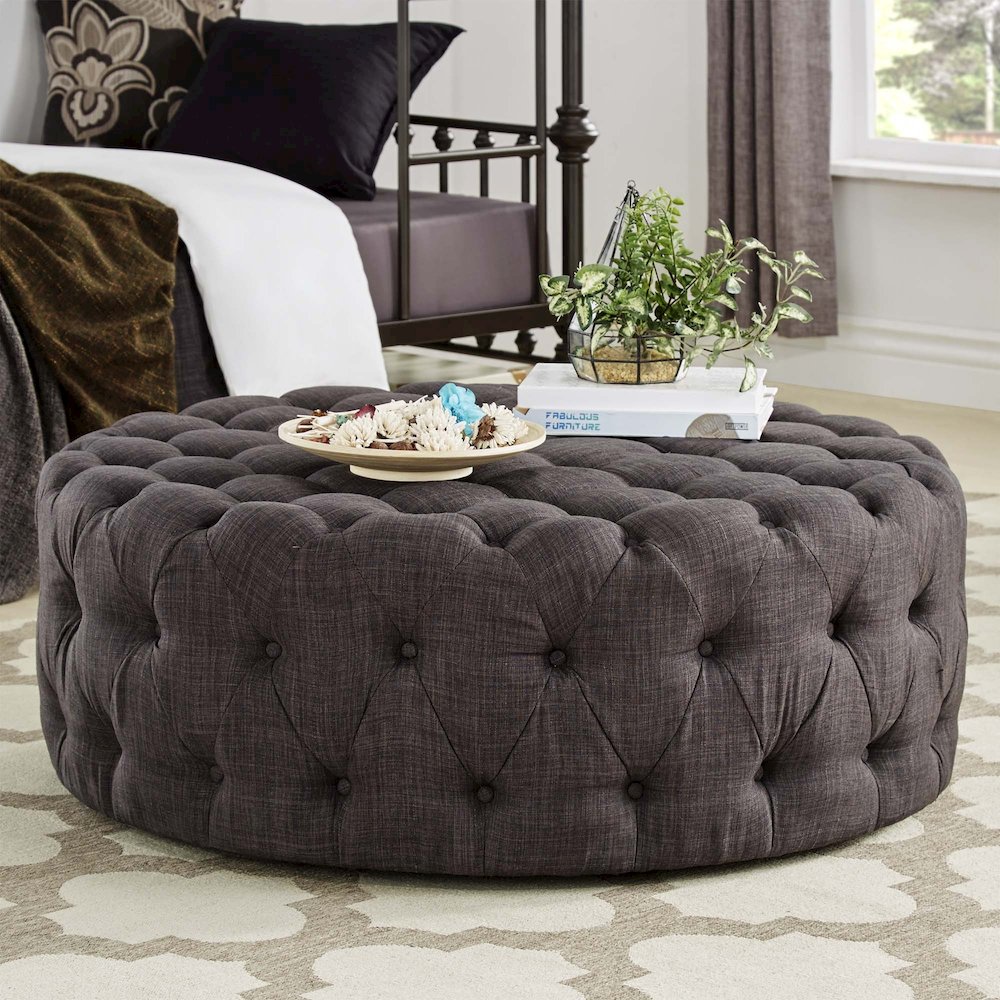 Dark Grey Linen Round Tufted Ottoman. Picture 2