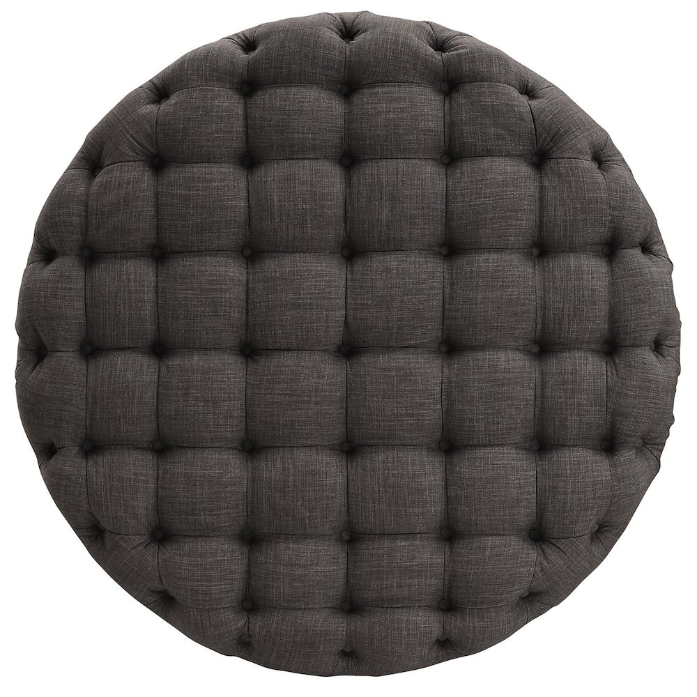 Dark Grey Linen Round Tufted Ottoman. Picture 6