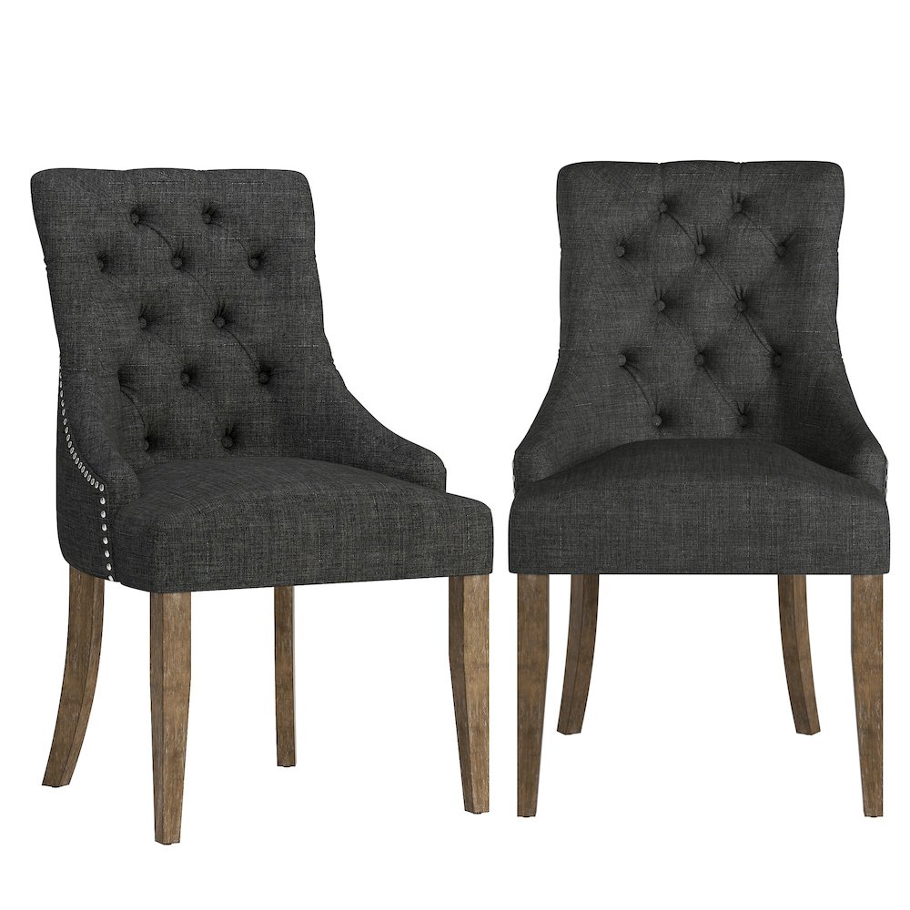Set of 2, Light Distressed Natural Finish Dark Grey Linen Tufted Dining Chair. Picture 3