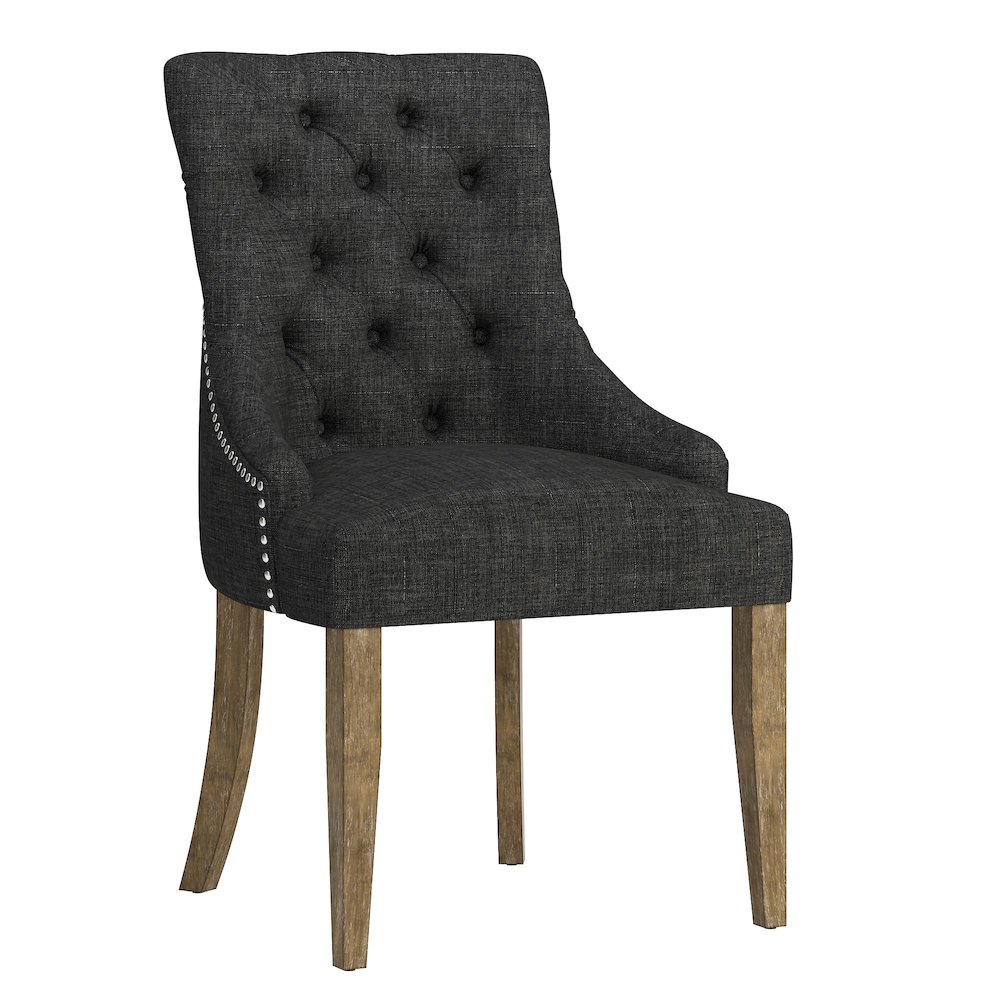 Set of 2, Light Distressed Natural Finish Dark Grey Linen Tufted Dining Chair. Picture 4
