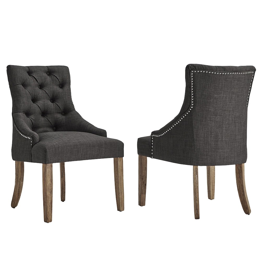 Set of 2, Light Distressed Natural Finish Dark Grey Linen Tufted Dining Chair. Picture 5